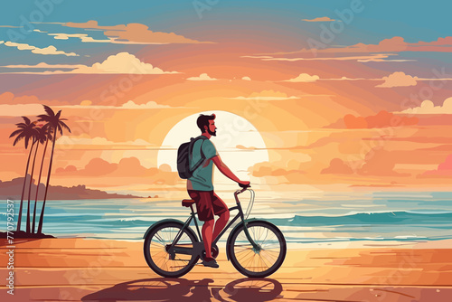 a man cycling by the beach in the afternoon