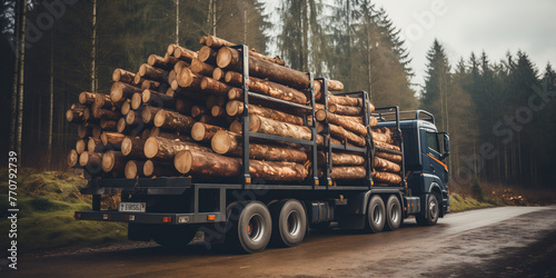 A loaded timber truck drives along a forest road, transporting a heavy cargo of cut logs in a rural setting. 