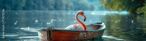 realistic of A frisky flamingo on the cover, gracefully driving a boat in the lake photo