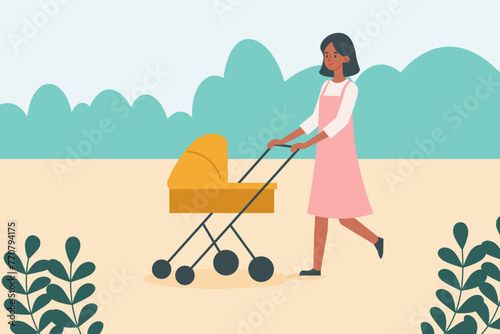 Happy mother on walk with newborn in stroller. Woman pushing pram with child in park. flat vector illustration