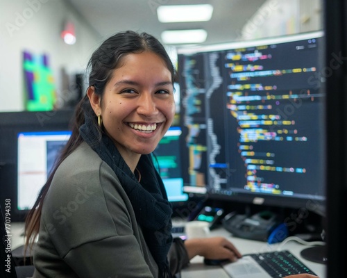 Smiling Latina Female Software Developer Working at Desk with Multiple Computer Screens Displaying Code, Copy Space