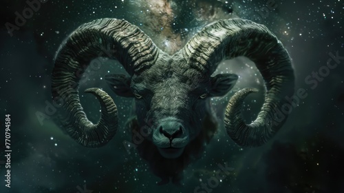 Cosmic Aries Constellation, majestic ram symbolizing the Aries zodiac sign, set against a cosmic backdrop, exuding mystery and astrology symbolism.