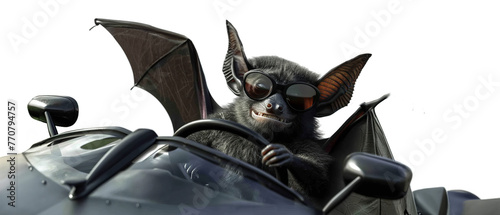 realistic of A blithe bat on the cover, nimbly driving a convertible isolated on white background photo