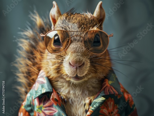 Adorable and cute squirrel portrait wearing retro and vintage clothes, retro accessories, nostalgia, vintage, 1800s, 1900s, 1920s, 1950s, 1960s, 1980, 1990, 2000s