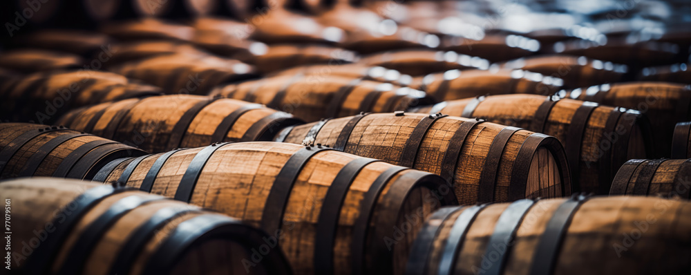 Obraz premium Wine barrels, close-up. Wine barrels at the winery. Stacked old wine barrels 