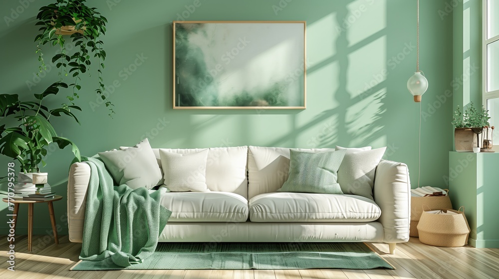 Fototapeta premium Green living room interior with sofa and green wall mock up, 3d render