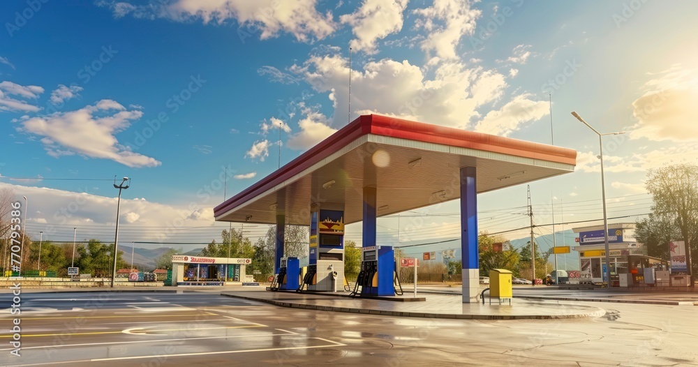 Gas Station Amidst Clouds, Sunlight, and Blue Skies Gas Station Amidst Clouds, Sunlight, and Blue Skies
