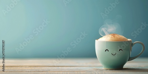 a cheerful and serene ceramic mug filled with a warm steaming beverage set on a minimalist wooden surface photo