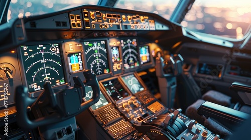 Airliner Cockpit View, Detailed view of an airplane's cockpit during flight with illuminated control panels and instruments photo