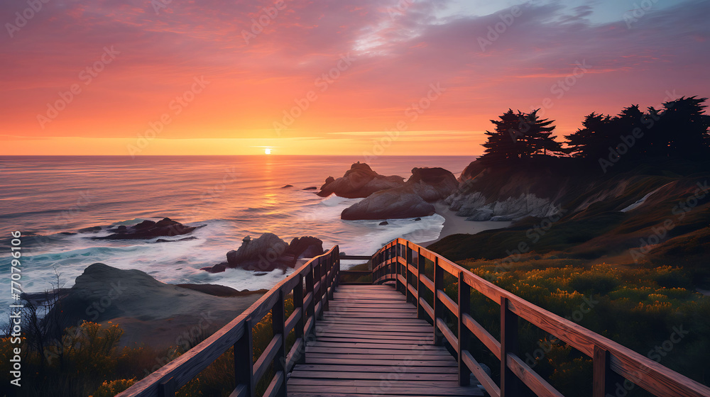 a wooden walkway leading to a beach at sunset in Cambria a beautiful and intricate matte painting trending on unsplash breathtaking scenery - obrazy, fototapety, plakaty 