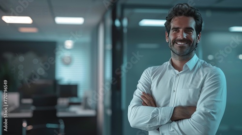Welcoming Businessman in Office Environment, cheerful businessman greets with a warm smile, standing in a well-lit office space, representing approachability and successful corporate culture