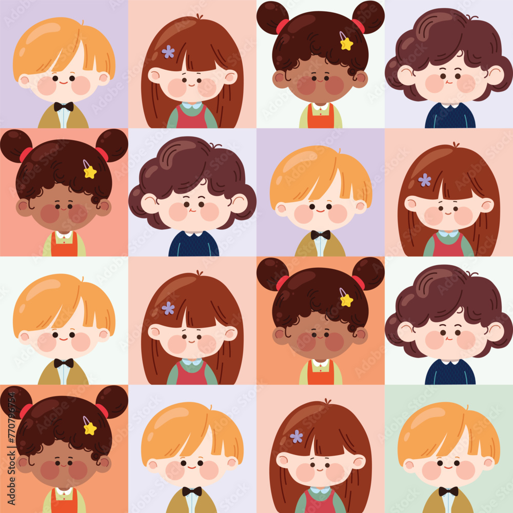 Seamless pattern with cute kids' faces. Childish Kawaii background with diverse children's characters for nursery decor, wrapping paper, wallpaper, greeting cards, and banners. Vector illustration. Seamless pattern with cute kids' faces. Childish Kawaii background with diverse children's characters for nursery decor, wrapping paper, wallpaper, greeting cards, and banners. Vector illustration.