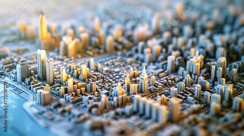Miniature Urban Skyline in Detail, detailed miniature model captures an urban skyline with towering skyscrapers, highlighting the complexity and density of city architecture © Viktorikus