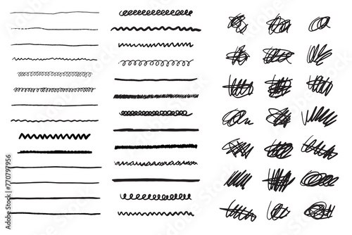 Hand drawn scribble line set. Doodle collection of handmade lines, underlines and elements. Lettering art lines isolated on white background. photo
