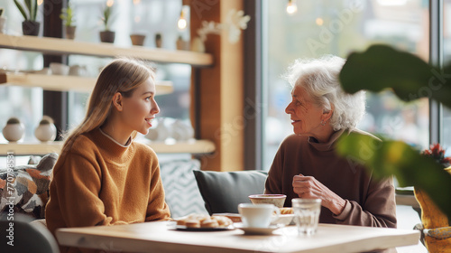 An intimate moment captured between a young woman and her grandmother in a cozy cafe, sharing laughter over coffee, joy of familial bonds photo