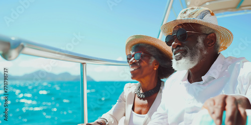 Senior African-American couple sailing in comfort on yacht in sea trip, happy elderly man and woman in sunglasses enjoying sunshine and sea travel