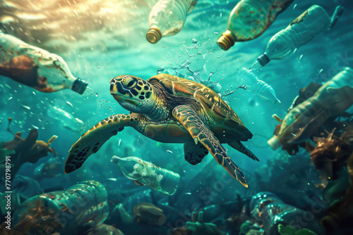 plastic pollution with turtle swimming underwater between discarded plastic bottles, Generative Ai