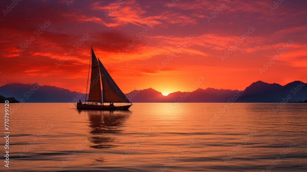 sailboat at sunset, with intense orange colors
