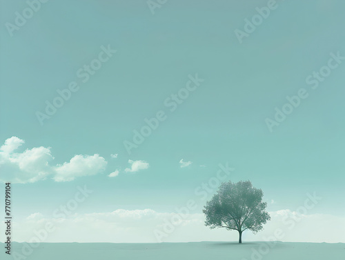 A single tree stands in the midst of a tranquil blue landscape with fluffy clouds in the sky, embodying solitude and calm