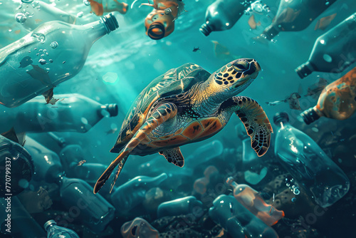 plastic pollution with turtle swimming underwater between discarded plastic bottles, Generative Ai