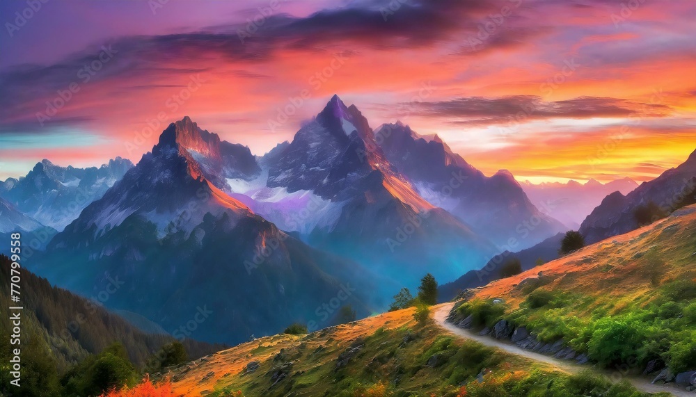 Majestic mountains painted with vibrant colors of dawn, offering a breathtaking free background showcasing nature's splendor in stunning HD detail