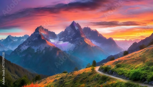 Majestic mountains painted with vibrant colors of dawn, offering a breathtaking free background showcasing nature's splendor in stunning HD detail photo