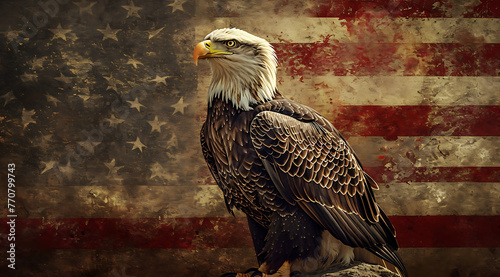 a bald eagle sitting at a flag background in the styl 90d32553-e298-47c0-ae14-607457607f10 0 photo