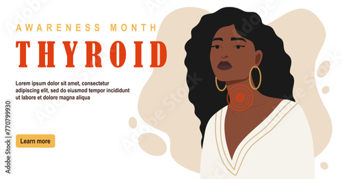 Woman with thyroid gland disease banner. Throat cancer concept landing page.