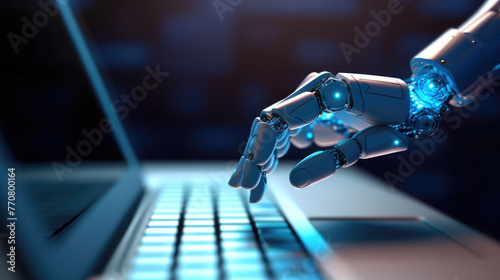 Robot hands point to laptop button advisor chatbot robotic artificial intelligence concept. 