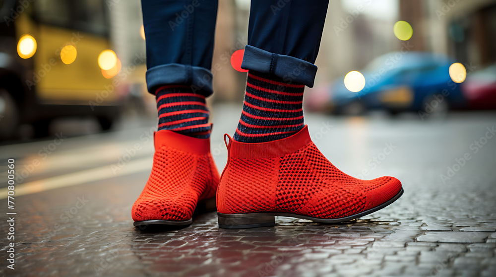 Chic Red Ankle Chelsea Boots Paired with Blue Knit Socks