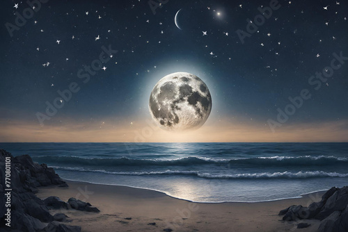 Night time ocean view with a full moon and sparkling stars.wallpaper for desktop. - 53