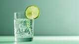 Refreshing Sparkling Water with a Slice of Lime on Minimalistic Green Background