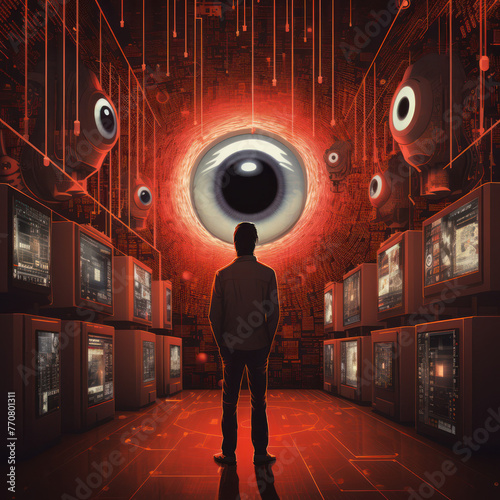 image of a person in a suit in front of many monitors and big eye photo