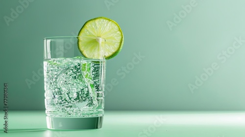 Refreshing Sparkling Water with a Slice of Lime on Minimalistic Green Background
