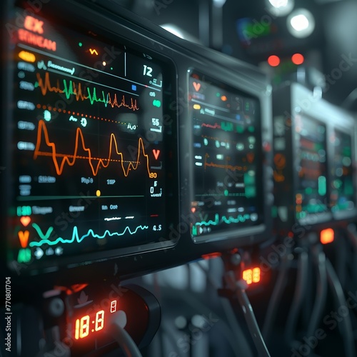 Monitoring vital signs on electronic screens, displaying heart rate and oxygen levels , 3D render, no contrast, clean sharp focus © PrusarooYakk