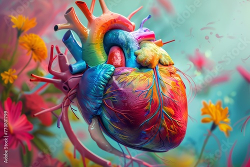 A colorful and vibrant artwork showcasing the emotional journey of a heart transplant recipient , 3D render, no contrast, clean sharp focus