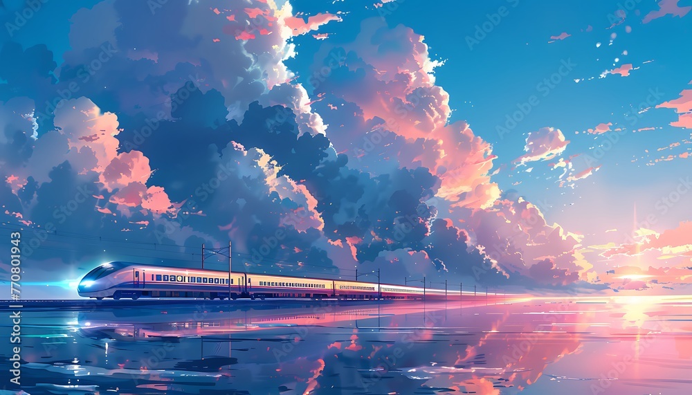 Scenic Train Ride, Crossing the Sea under a Pastel Sky