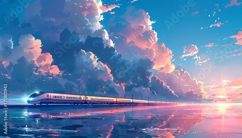 Obraz na płótnie Scenic Train Ride, Crossing the Sea under a Pastel Sky w salonie
