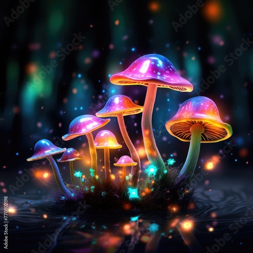 Magical shining multi-colored mushrooms with stars. Botanical illustrations. Witch mushrooms for Halloween. space magic mushrooms.