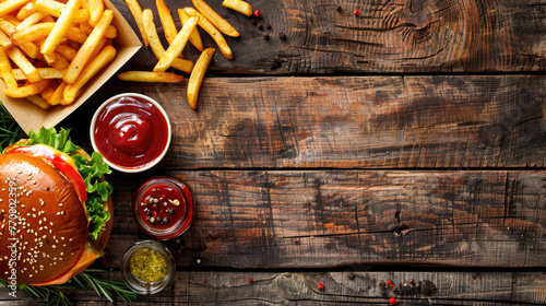 Top view of juicy burger, french fries, sauces, chips on a wooden background, Generative Ai
