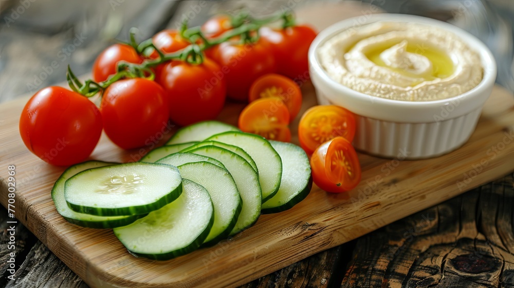 Vibrant Veggie Snack: Cherry Tomatoes, Cucumber Slices, and Hummus - Fresh Dieting Delight Vibrant Veggie Snack: Cherry Tomatoes, Cucumber Slices, and Hummus - Fresh Dieting Delight
