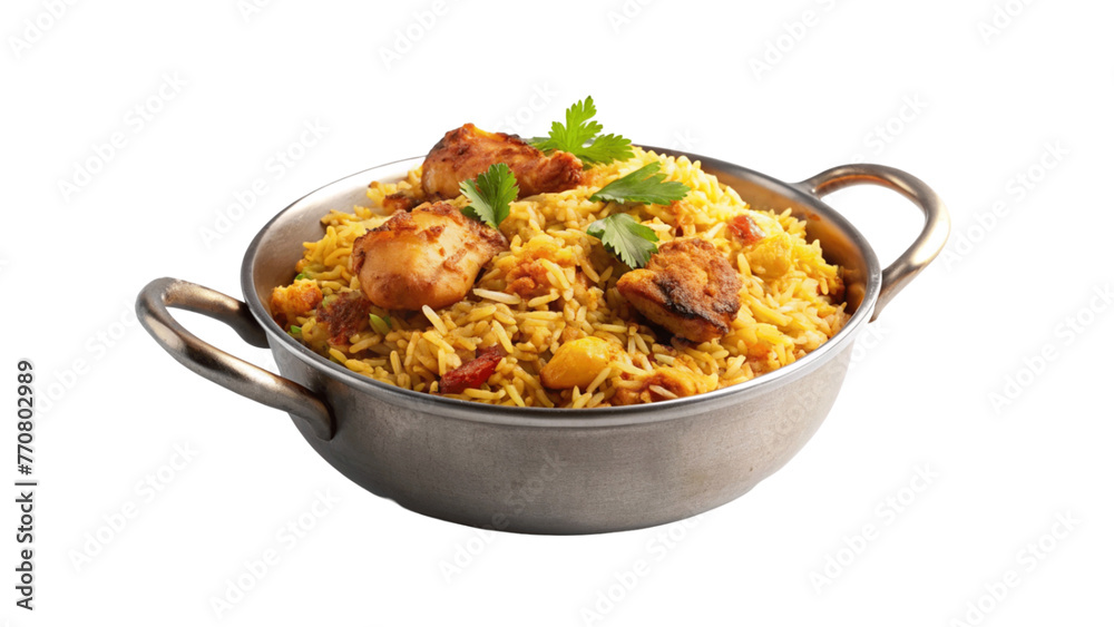 Biryani rice with chicken and spices in a pot isolated on Transparent background.