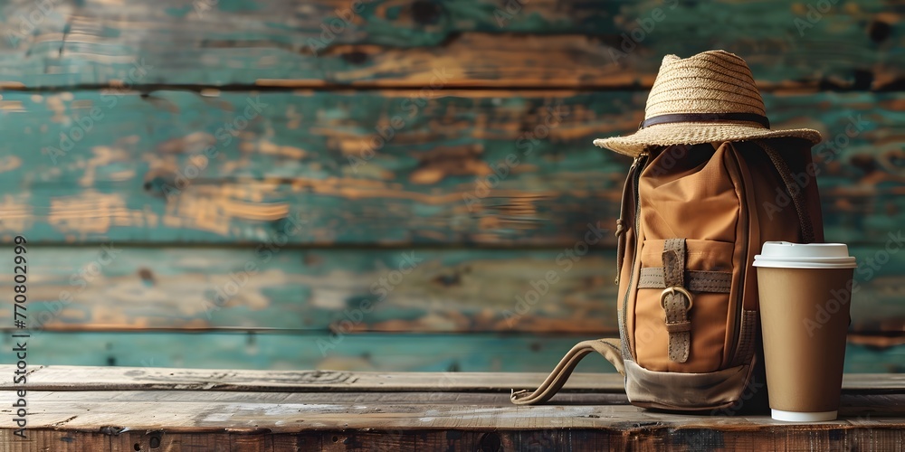 Obraz premium A cozy traveler's coffee kit including a backpack coffee cup and other accessories resting on a rustic wooden backdrop