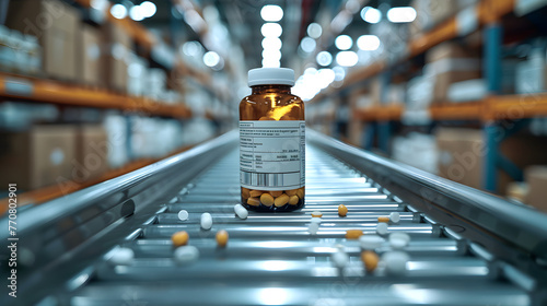 A bottle of pills on a conveyor belt in a modern pharmaceutical distribution warehouse