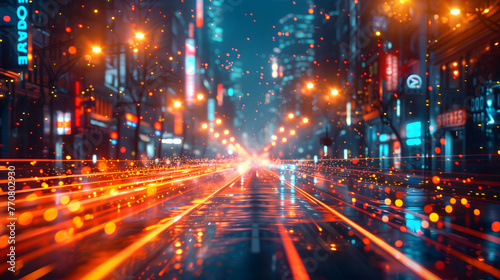 A dynamic city street at night becomes a vision of the future with vibrant  glowing light trails under a neon sky