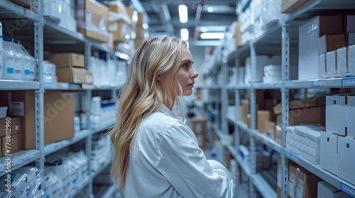 A female pharmaceutical worker in a white coat overseeing inventory in a medical supply warehouse