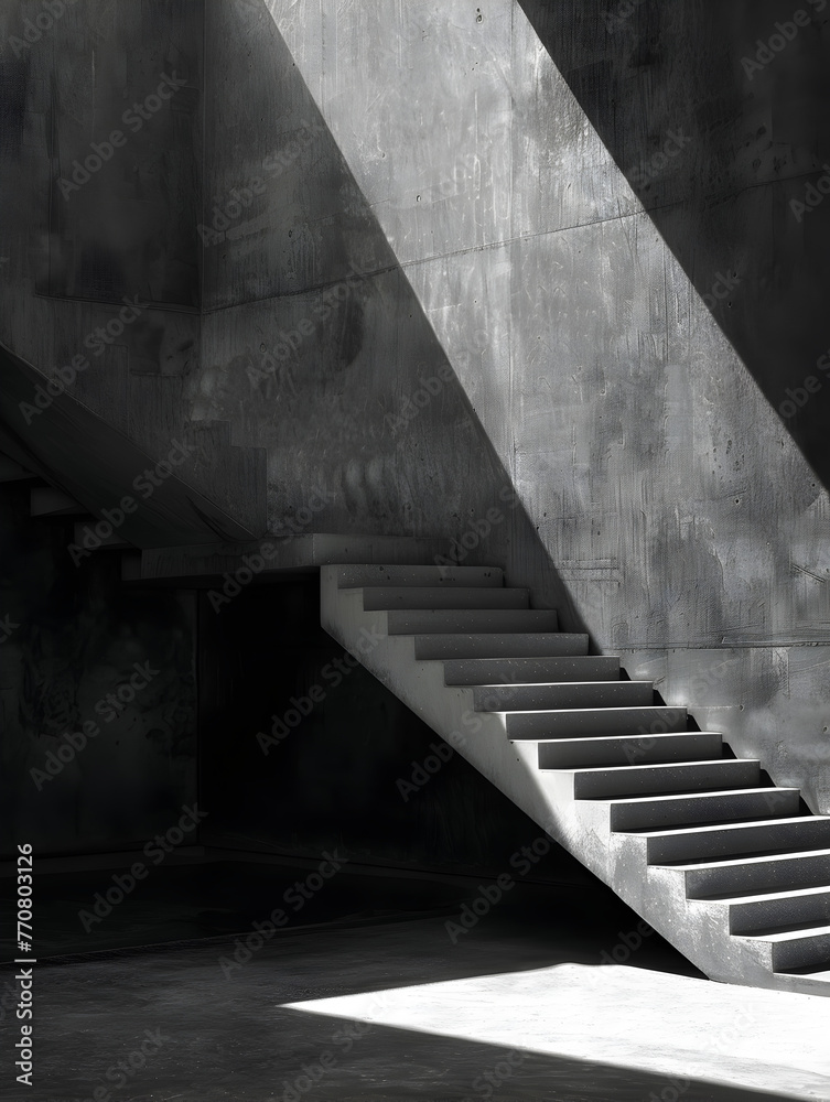 A stark image capturing the interplay of light and shadow on a modern concrete staircase, evoking a sense of mystery