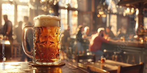 Golden Brew: Chilled Beer Mug Overflows with Frothy Goodness at a Bustling Bar