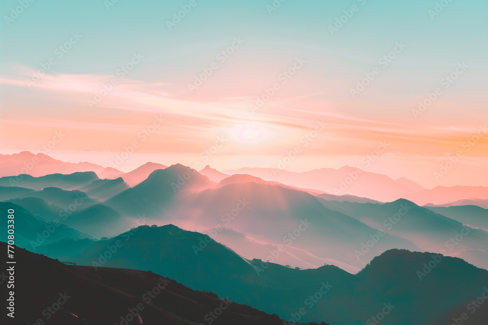 Obraz premium Wanderlust-Inducing Landscapes: Majestic Mountain Sunset with Pinkish Magical Glow, Blueish and Pinkish Hues Casting a Spell over Misty Hills