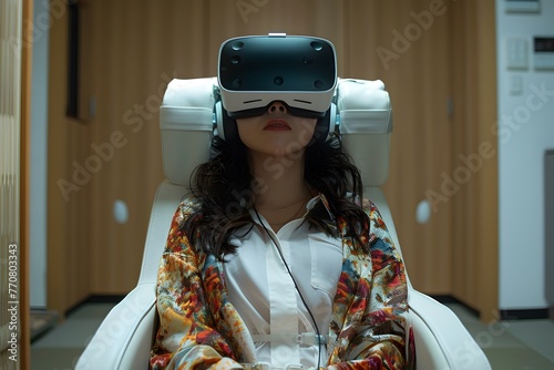 Asian women wearing a VR headset experiencing intergrated virtual reality, meidcal therepy concept photo